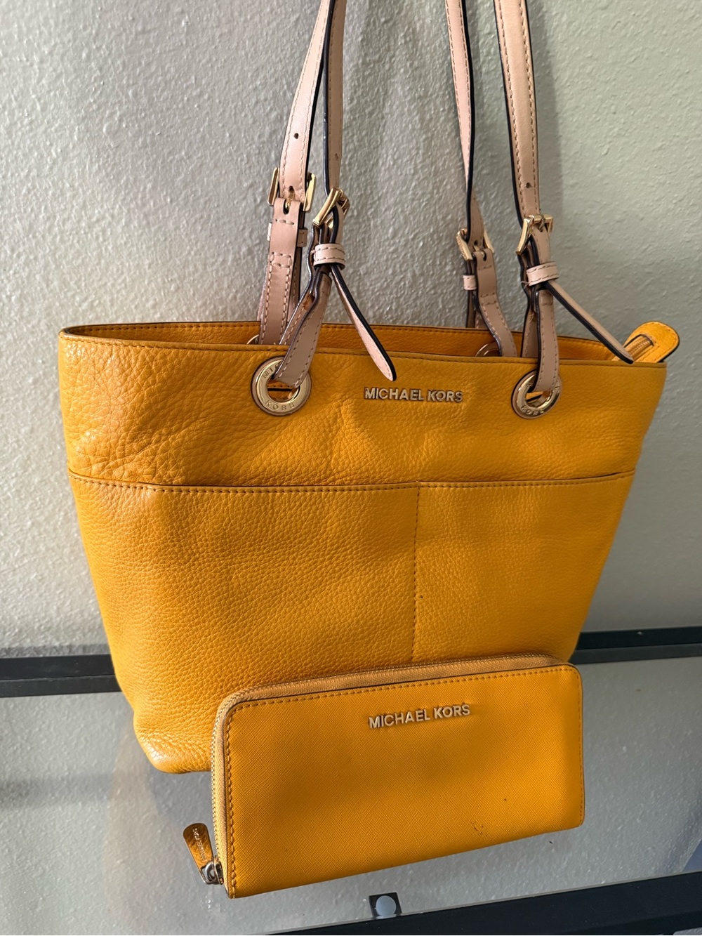 Michael Kors Bedford Yellow Leather Tote Bag with Matching Wallet Set